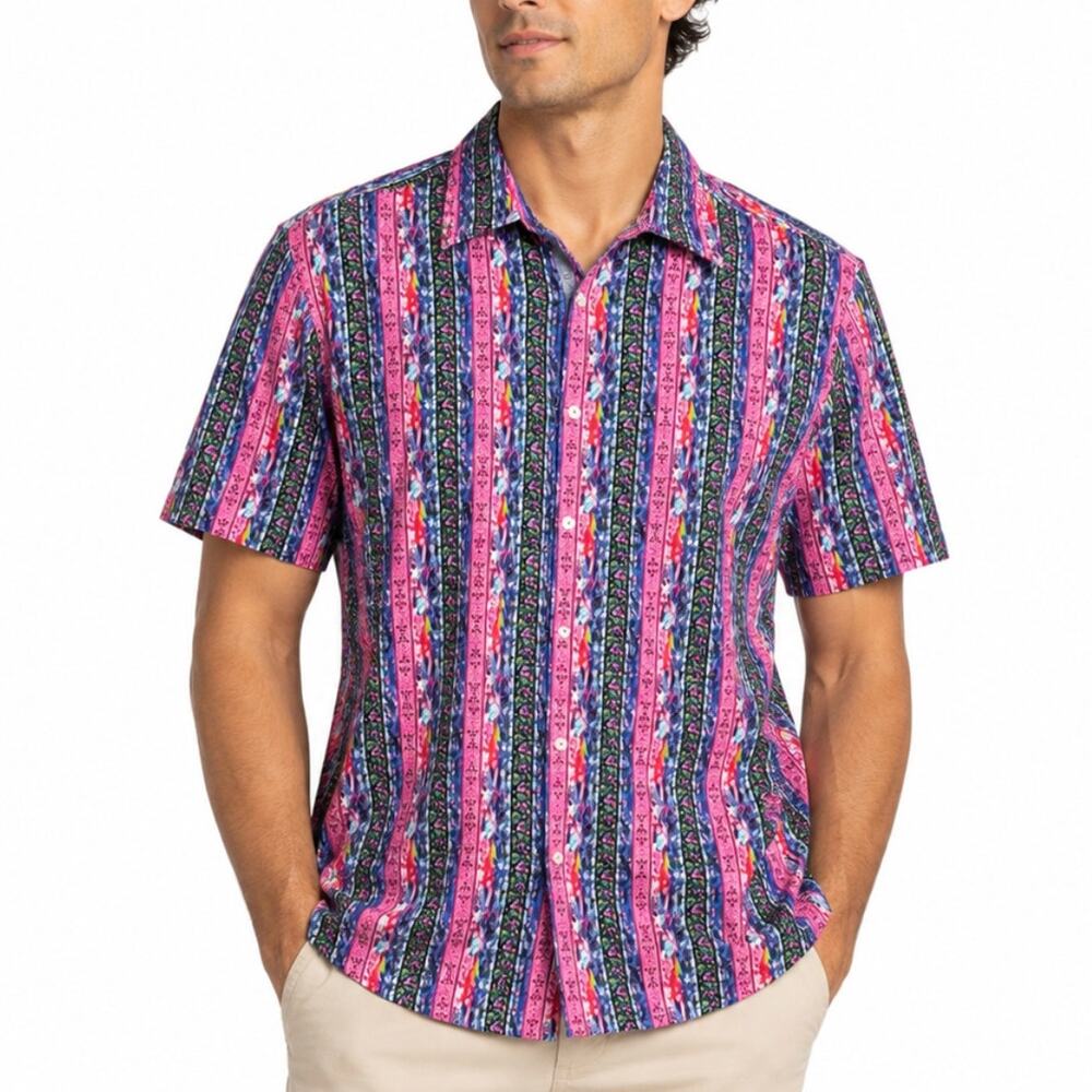 Daniel Cremieux XLT Camp Shirt Pink Floral Stripe SS Button Front Resort Relaxed